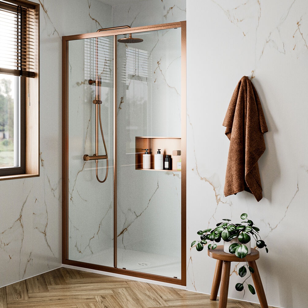 Lifestyle image of Crosswater Clear 6 Brushed Bronze 1400mm Sliding Shower Door